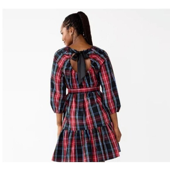 Draper James RSVP Tiered Midi Dress XL Red Black Plaid Smocked Bow Back Stretch - Picture 2 of 12